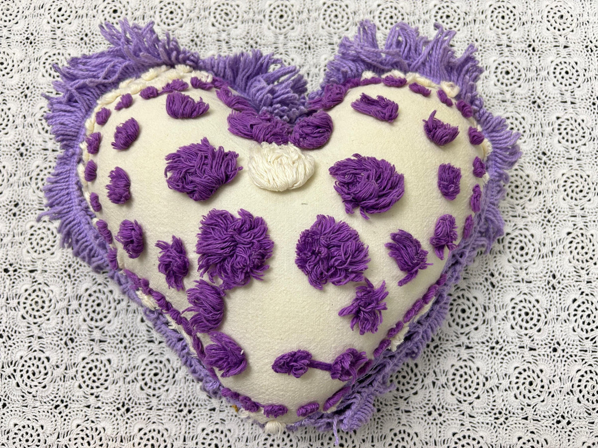 Vintage Heart Chenille Pillow, Shabby Iris Floral Reversible Fringed Design
