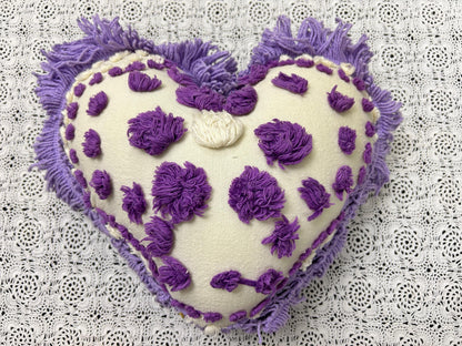 Vintage Heart Chenille Pillow, Shabby Iris Floral Reversible Fringed Design