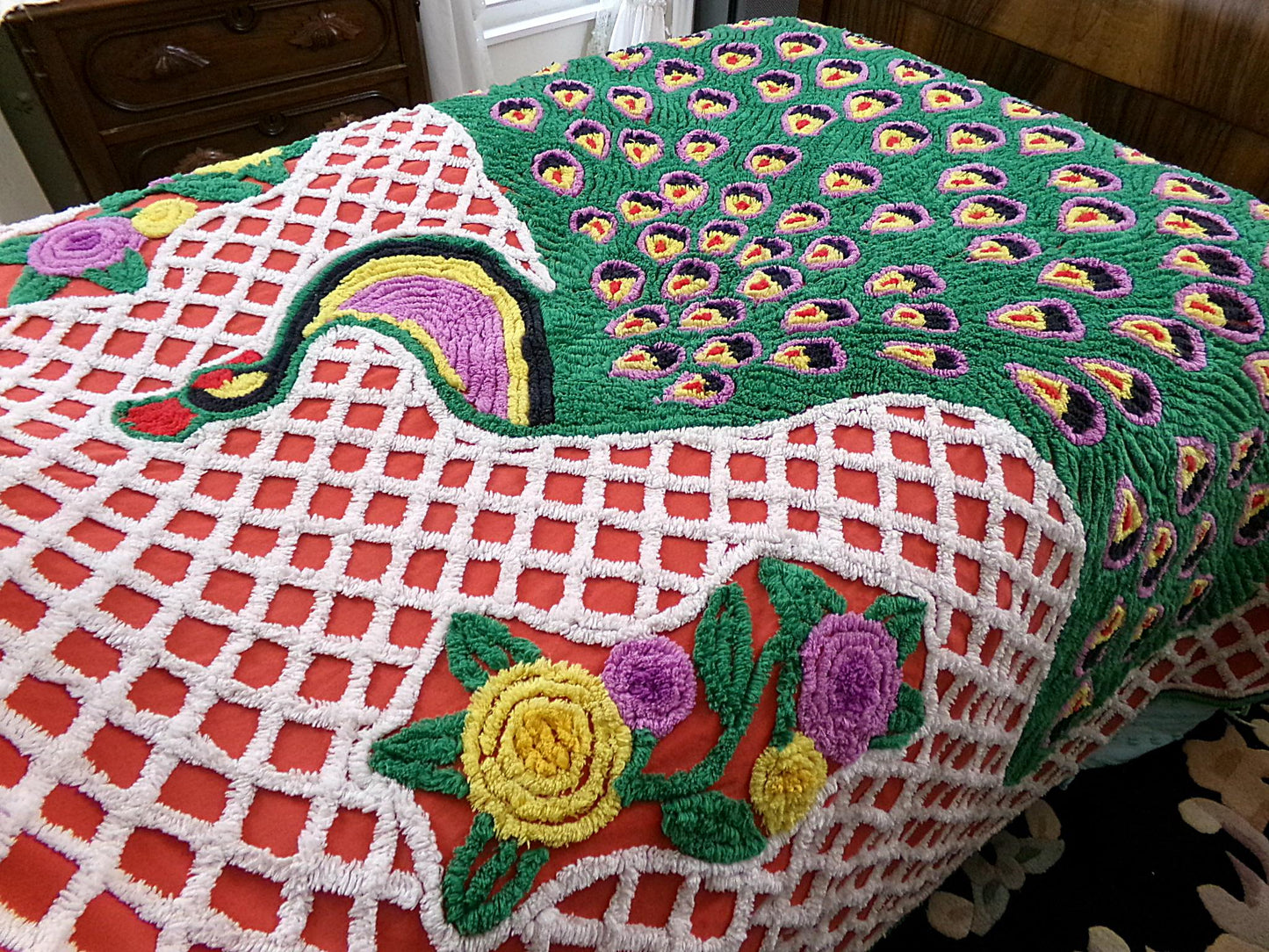 Vintage Chenille Bedspread Sprawling Red Peacock, Green Feathers & White Lattice, Full
