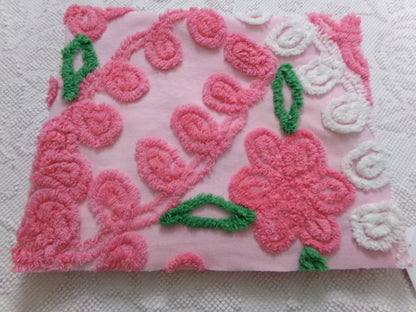 Pink Floral Vintage Chenille Bedspread Fabric, shabby cottage sewing craft quilt material, 20" x 24" piece