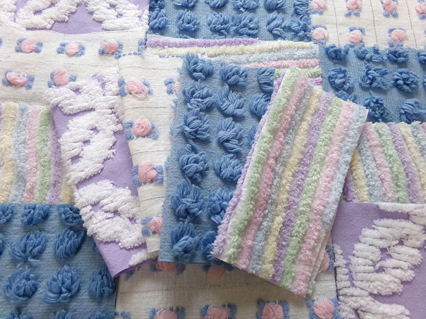 moonlit rainbow chenille fabric squares, set of 16 vintage quilt blocks 6" inches ea, dreamy serene blue, pink rosebuds, soft lilac