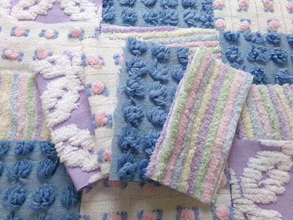moonlit rainbow chenille fabric squares, set of 16 vintage quilt blocks 6" inches ea, dreamy serene blue, pink rosebuds, soft lilac
