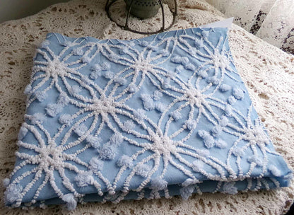 mystic coast blue vintage chenille fabric, 20" x 25" piece quilt & sewing material, white wedding rings with overtufted pops