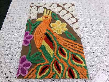 peacock vintage chenille bedspread fabric boho bird brown orange 14x21" small piece