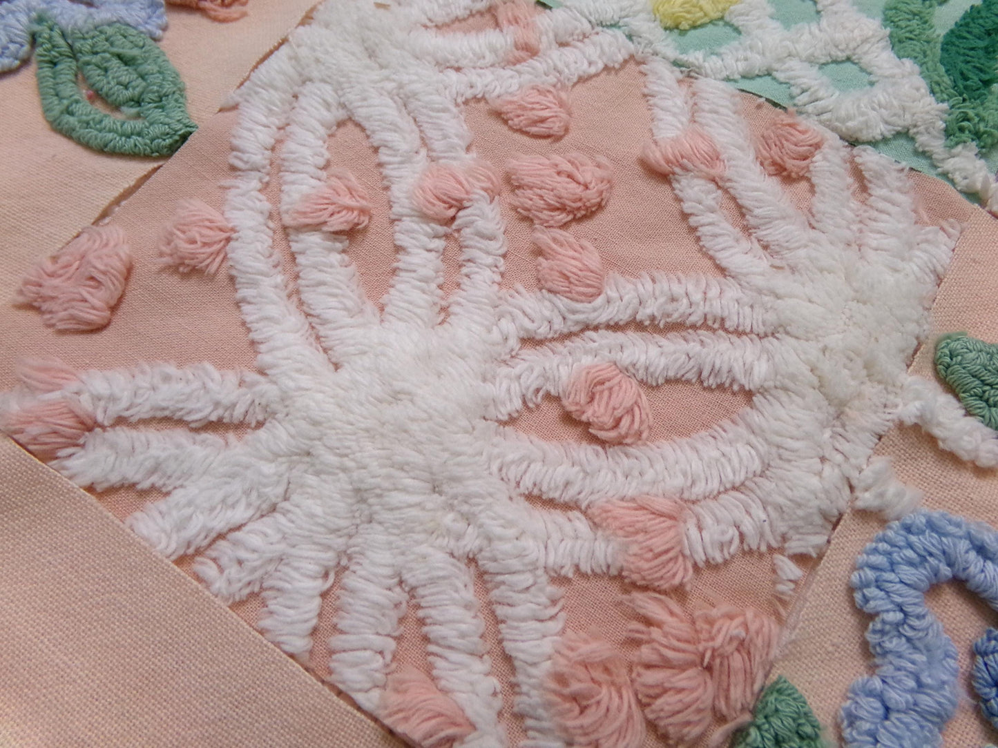 vintage chenille fabric squares, "garden lady" peach & green florals, set of 16 quilt blocks 6" each