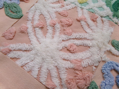 vintage chenille fabric squares, "garden lady" peach & green florals, set of 16 quilt blocks 6" each