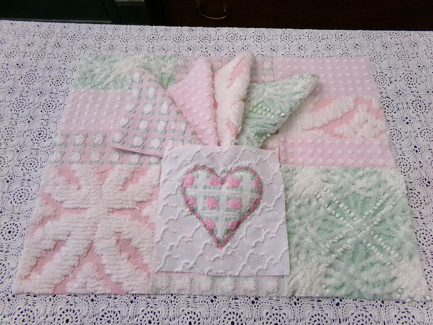 Vintage Chenille Quilt Squares, Pink Green, White 6" Fabric Blocks, Set of 17 for Quilting & Crafts