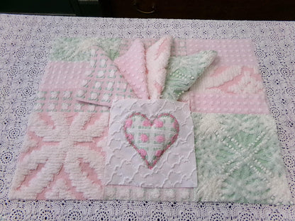 Vintage Chenille Quilt Squares, Pink Green, White 6" Fabric Blocks, Set of 17 for Quilting & Crafts