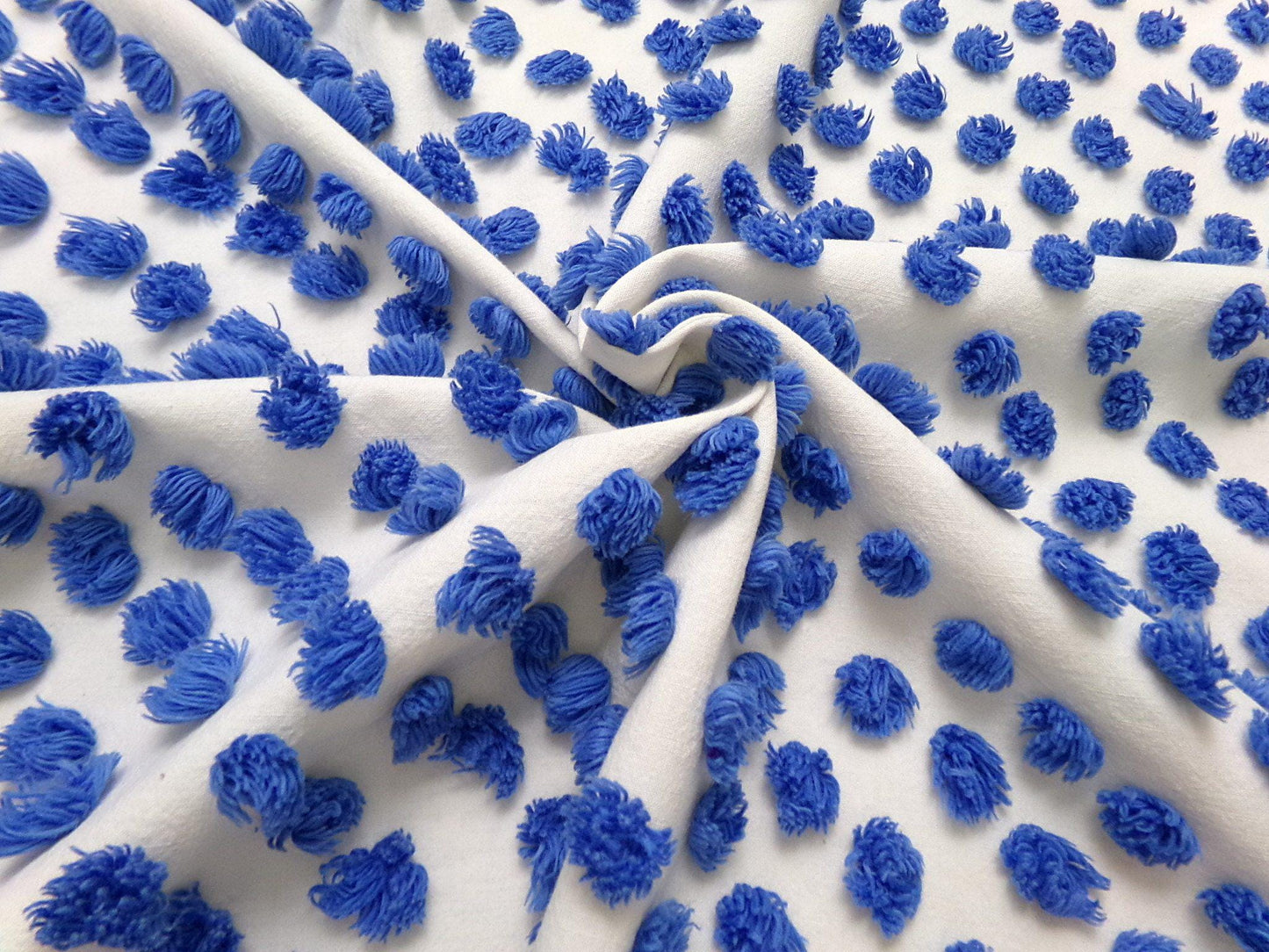royal blue pops vintage chenille bedspread fabric handtufted white cotton 20x24"