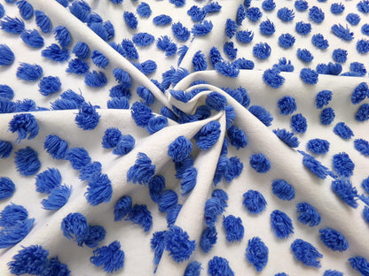 royal blue pops vintage chenille bedspread fabric handtufted white cotton 20x24"