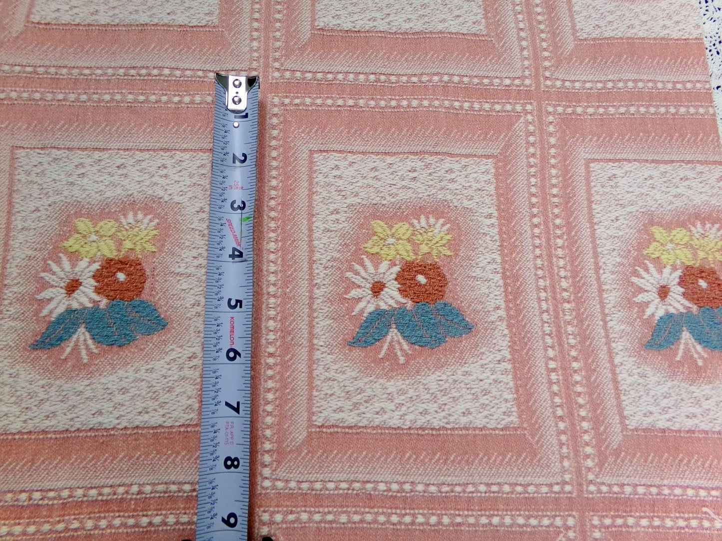 Vintage Pink Floral Fabric, Cotton Woven Cottage Windowpane Design 16.5x23"