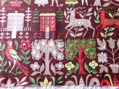 vintage barkcloth fabric in dutch country colonial style shadow print with people, hearts, birds, apple trees, houses, 16" x 22" inch piece
