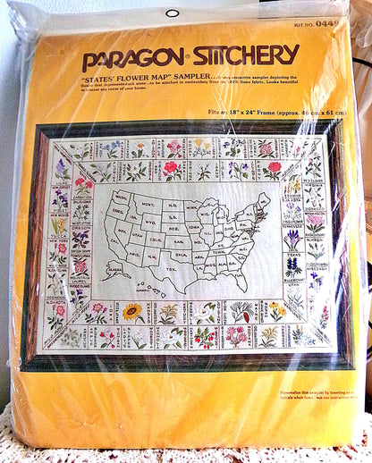STATES' FLOWER MAP Sampler Vintage Paragon Crewel Embroidery Kit 0449 50 United States Floral Stitchery