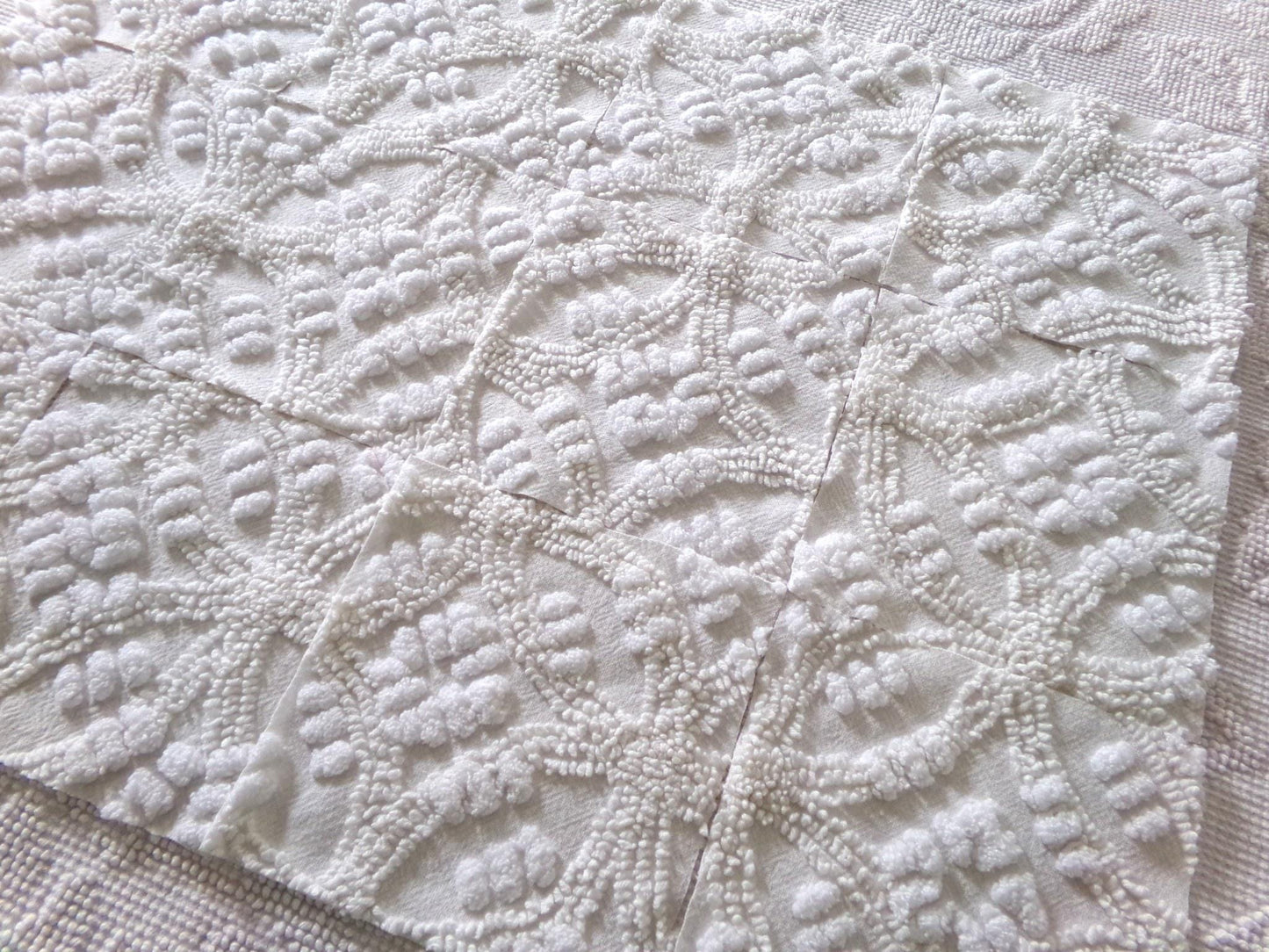 heirloom quality chenille fabric squares, set of 12 vintage 6" quilt blocks in elegant antique cream tufted geometric design