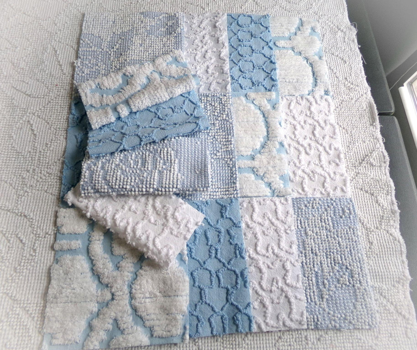 seaside wanderings chenille fabric squares, 16 vintage 6" quilt blocks in coastal blue & white, for sewing, crafts, fiber arts