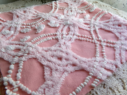 rose pink vintage chenille fabric, infinity links & pearl pops design 21" x 22"
