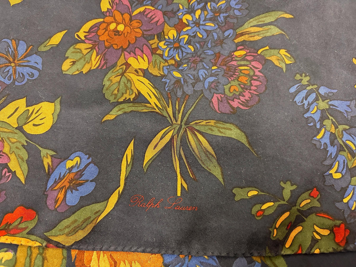 Vintage Ralph Lauren Silk Square Scarf Shabby Navy Blue Floral Roses