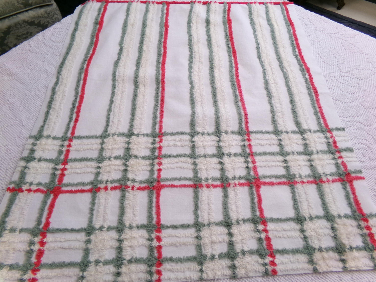 Vintage Chenille Fabric, Rustic Christmas Plaid in Muted Red, Green & Cream, Nice for Shabby Chic Holiday Quilts, 22" x 25" Cut Piece