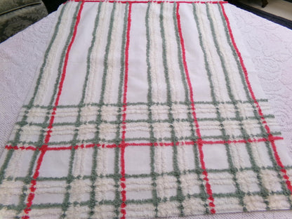Vintage Chenille Fabric, Rustic Christmas Plaid in Muted Red, Green & Cream, Nice for Shabby Chic Holiday Quilts, 22" x 25" Cut Piece