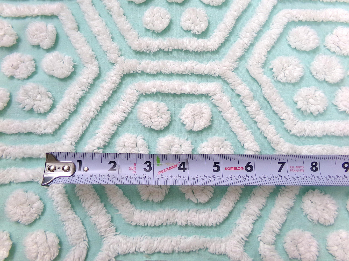 Vintage Chenille Fabric Coastal Fresh Aqua White Geometric Hexagon Dot 18x24"