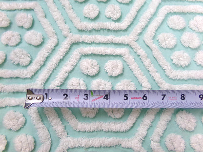 Vintage Chenille Fabric Coastal Fresh Aqua White Geometric Hexagon Dot 18x24"