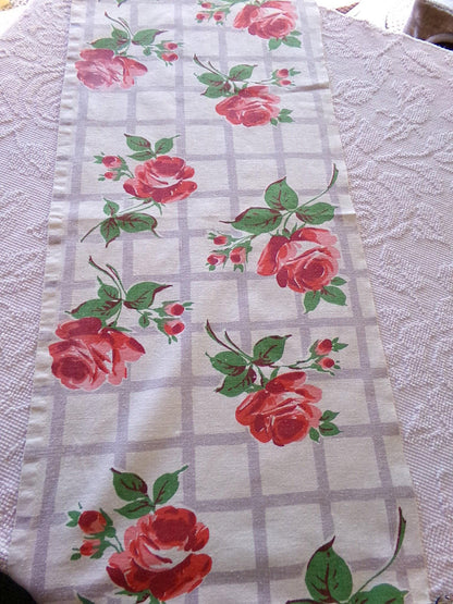 Red Roses Lattice Vintage Fabric Piece, Midcentury Style 14" x 31" inches for sewing material, upcycling