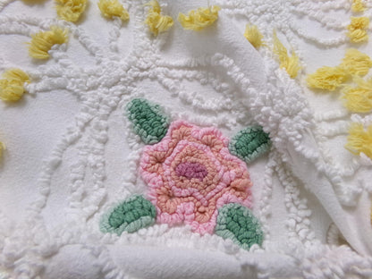 Pink Rose Vintage Chenille Bedspread Fabric, cottage chic sewing craft quilt material, 20" x 20" piece