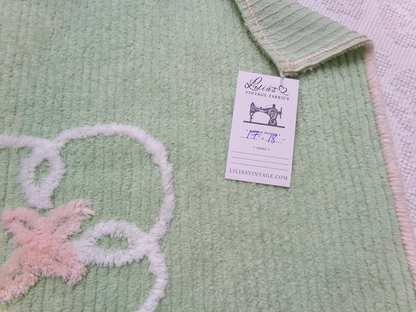 Soothing Mint Green Vintage Chenille Fabric Pink Lily Bow, 17" x 18"