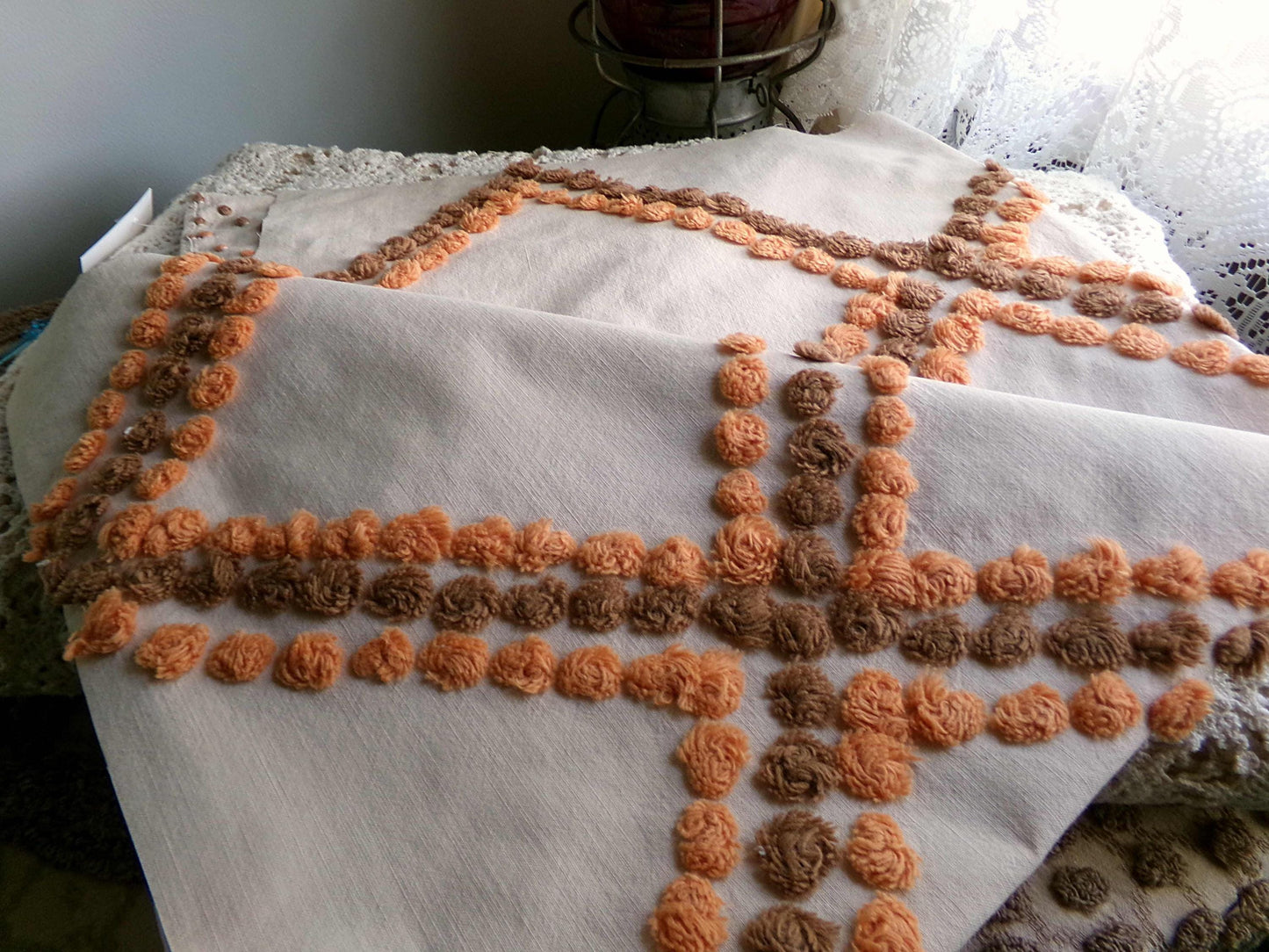 Vintage Boho Style Chenille Fabric, 27" x 24" Cut Piece of Cotton Sewing Material, Pumpkin Spice & Nutmeg Wideset Lattice Design