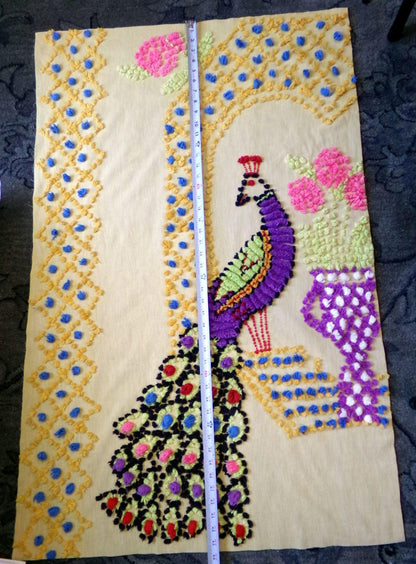 Antique Peacock Vintage Chenille Fabric Panel 44 x 28" Boho