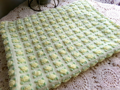 plump yellow rosebud vintage chenille fabric, cottage chic sewing & quilt material, 18" x 25"