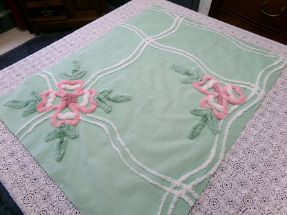 Shabby Soothing Green Vintage Chenille Fabric, Pink Rose Florals, 20 x 27"