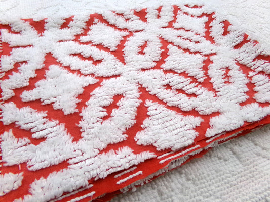 Classic Red Vintage Chenille Fabric, tufted white geometric designs, piece sewing craft quilt material, 18" x 24"