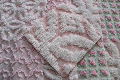 fairy pink chenille fabric squares, cottage rosebud & daisy, 16 vintage quilt blocks 6" x 6" inch, for patchwork pillows, quilting, crafts