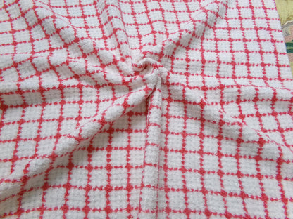 vintage chenille bedspread fabric, small red & white plaid pattern, 19" x 24" cut piece for xmas stockings, Christmas quilts