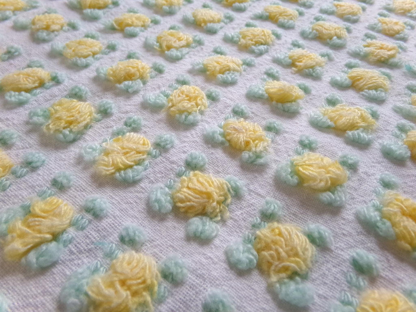 yellow rosebud vintage chenille fabric, lemon tufted rose sewing quilt material 18x24"