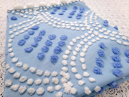 Blue Shell Scallops Vintage Chenille Bedspread Fabric Coastal Pops 24x26"