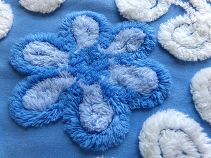blueberry blossoms vintage chenille fabric, thickly tufted white curlicues & blue rose florals, 27" x 24" cut piece of sewing craft material