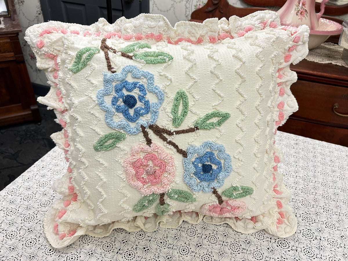 Floral Ruffled Vintage Chenille Pillow Cover 18" Square Seersucker