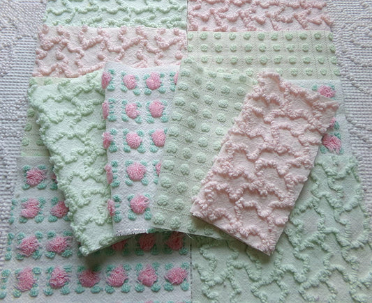 fairytale pink & green chenille fabric squares, set of 12 vintage 6" quilt blocks in crafty girl's dozen, popular squiggles, rosebud, dots