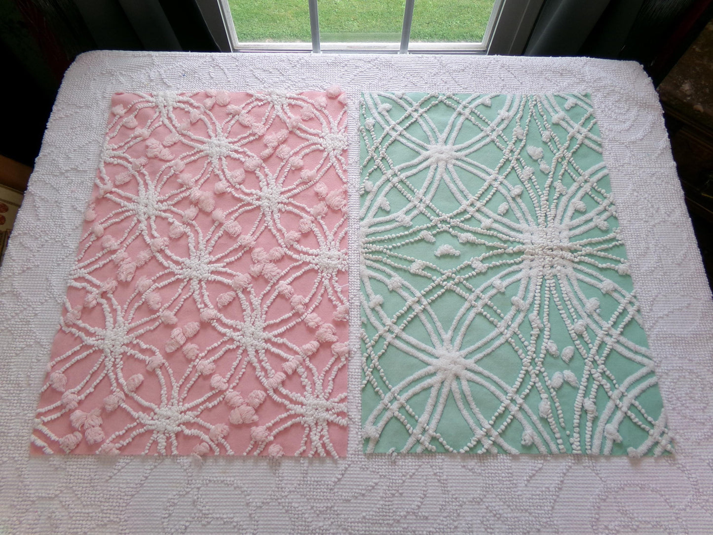 Vintage Chenille Fabric Set in Jade Green & Rose Pink, 2 Piece Bundle 12" x 18" each | Stash Builder for Fiber Arts, Quilting