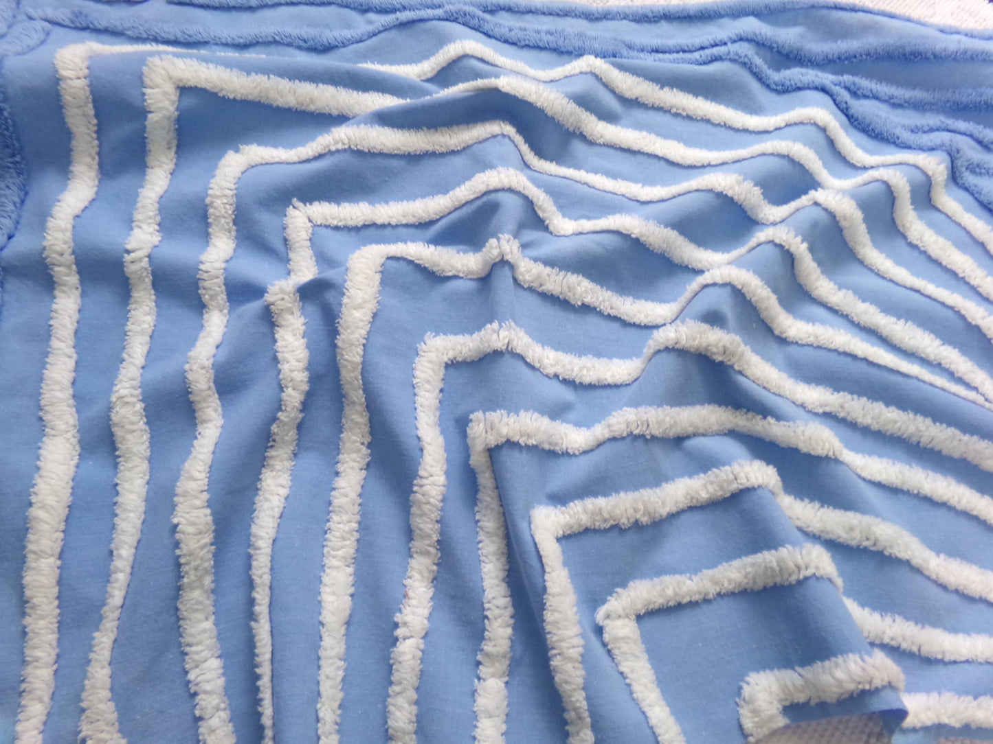 vintage chenille bedspread fabric, blue & white wave design, 27" x 19"