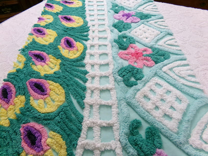 vintage seafoam chenille bedspread fabric, plush peacock feathers & tropical florals, 19" x 26" piece