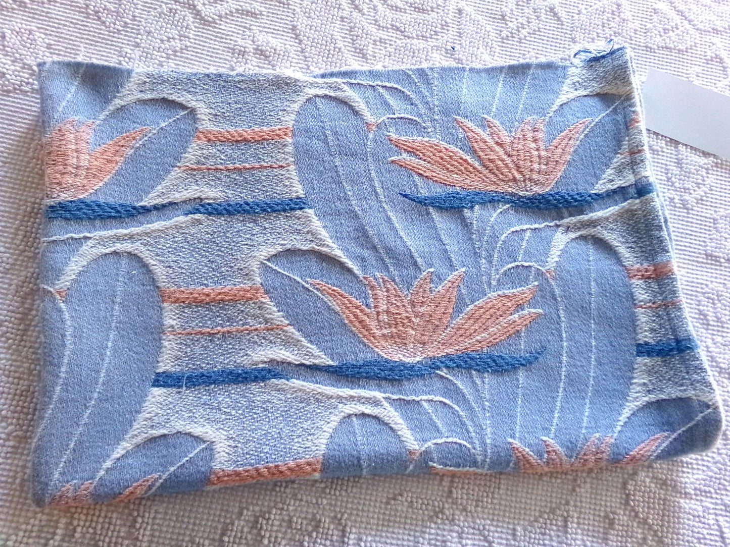 tranquil water lily vintage woven fabric piece, 21" x 32" inch reversible sewing material, calming blue & coral lilies