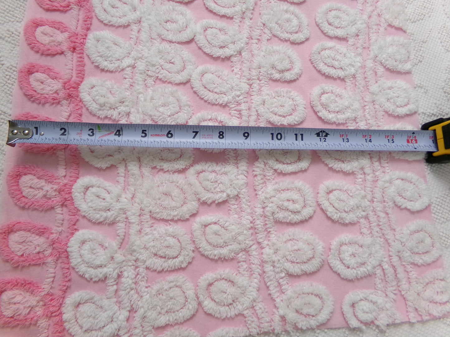 Playful Pink Vintage Chenille Bedspread Fabric White Curlicues 15" x 26"
