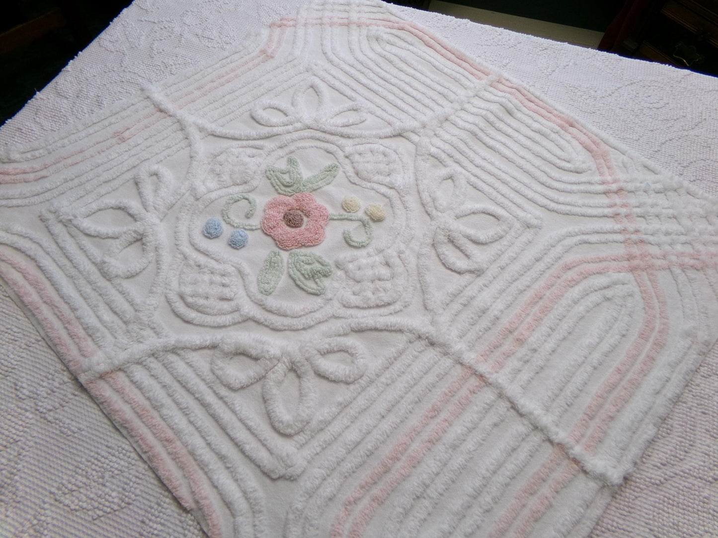 cottage style vintage chenille fabric, dimensional floral design 24" x 21" inch piece craft & sewing material