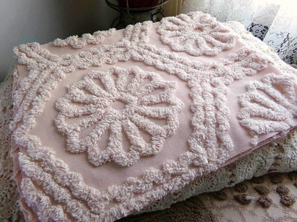 vintage chenille bedspread fabric peach blush daisy medallions 20x24" sewing quilt material