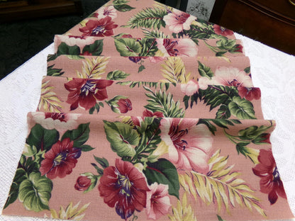 Vintage Barkcloth Fabric Mauve Tropical Hibiscus Floral Island Cottage Shabby 17x36"
