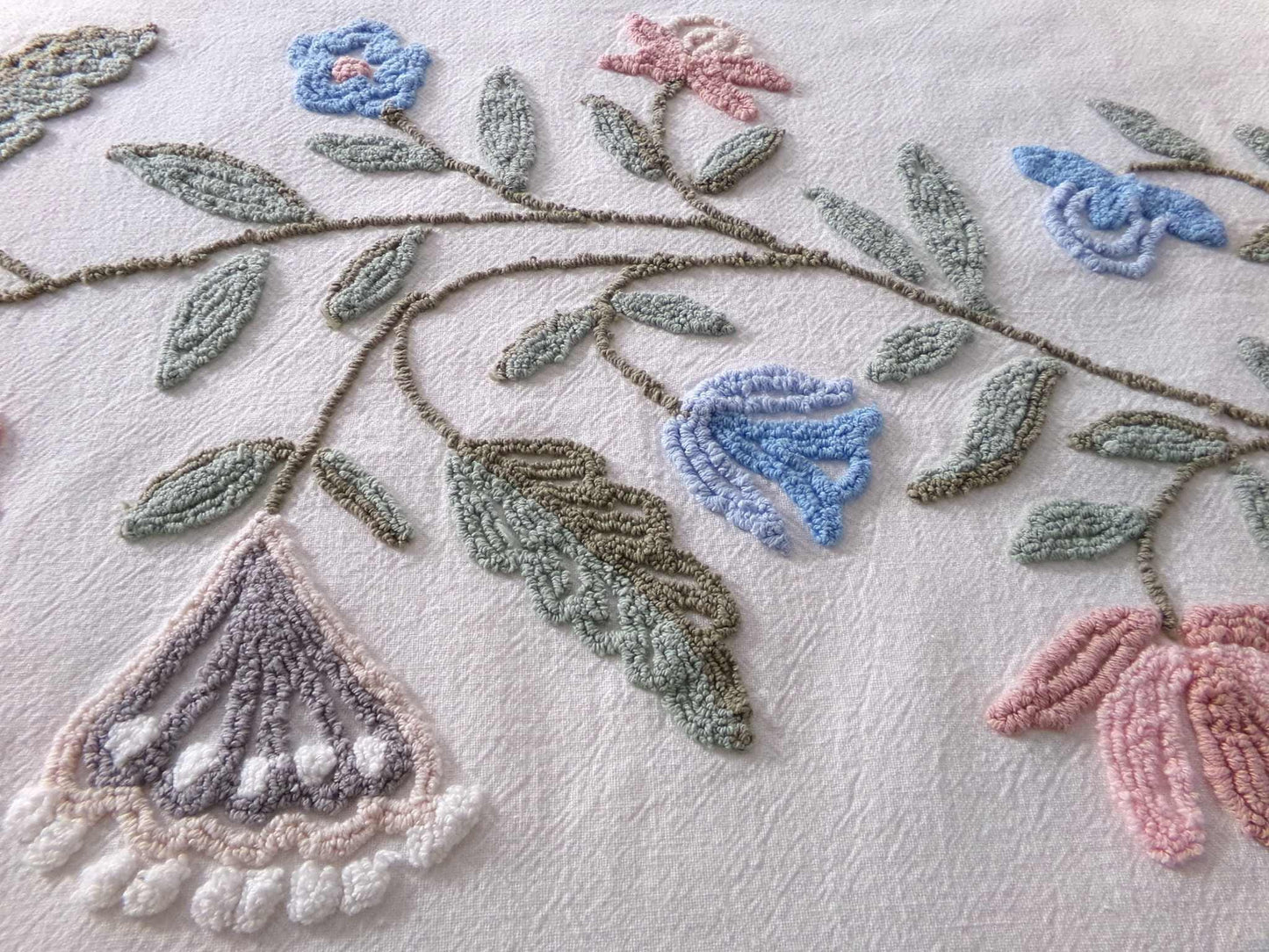 Woodland Meadow Vintage Chenille Bedspread Fabric, Floral Boho Sewing Material, 18" x 23" piece