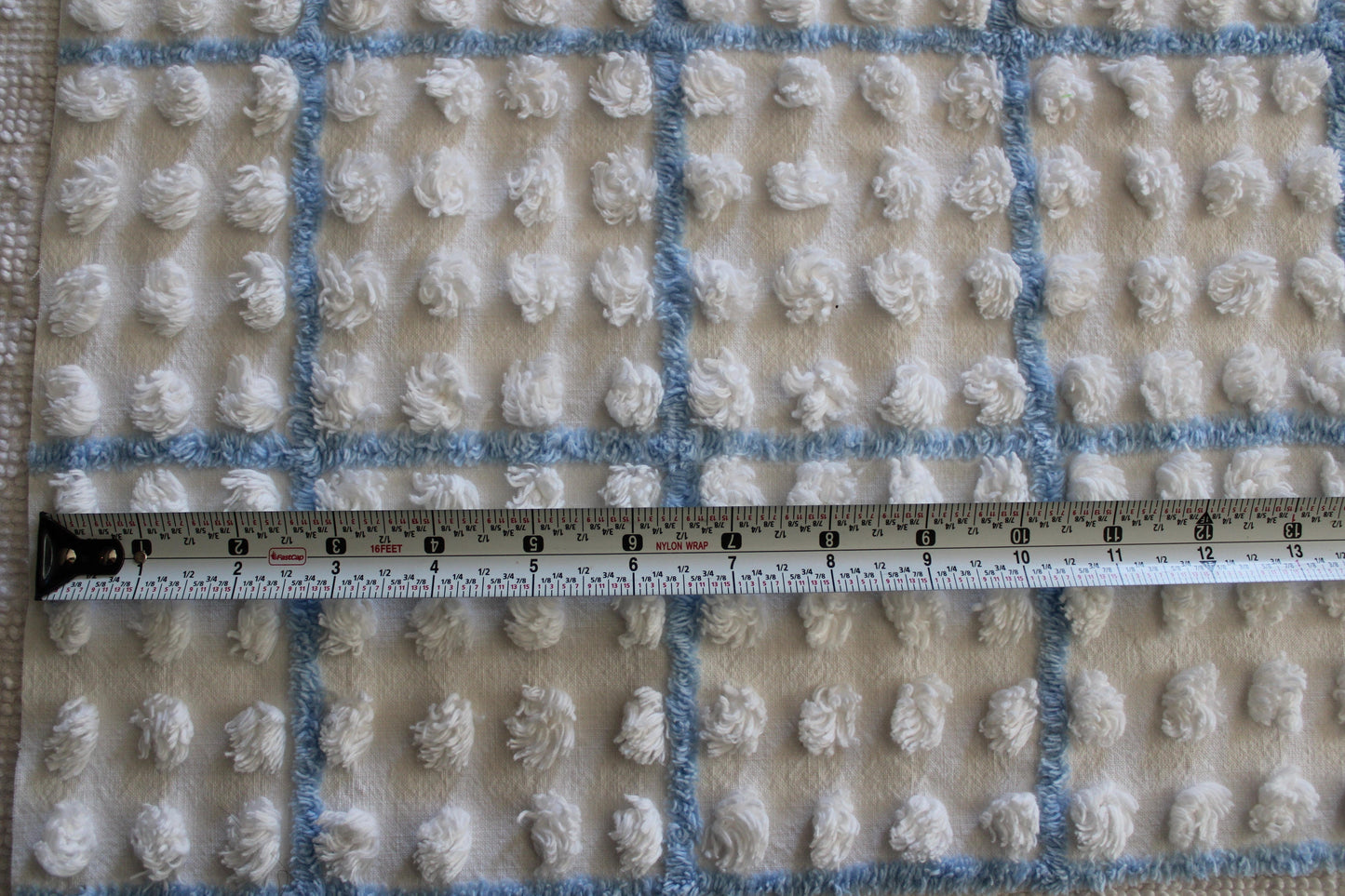 coastal blue & white vintage chenille fabric, puffy textured pops, 12" x 18" cut piece